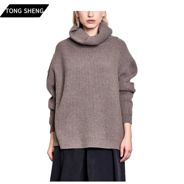 Pull tricoté surdimensionné pour femme, vêtement en laine d'agneau, cachemire, avec coutures latérales inclinées, col roulé, printemps 2022