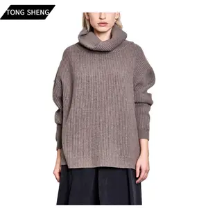 2024 Spring Knit Sweater Lambswool Cashmere Tilted Side Seams Oversized Roll Neck Women's Sweater