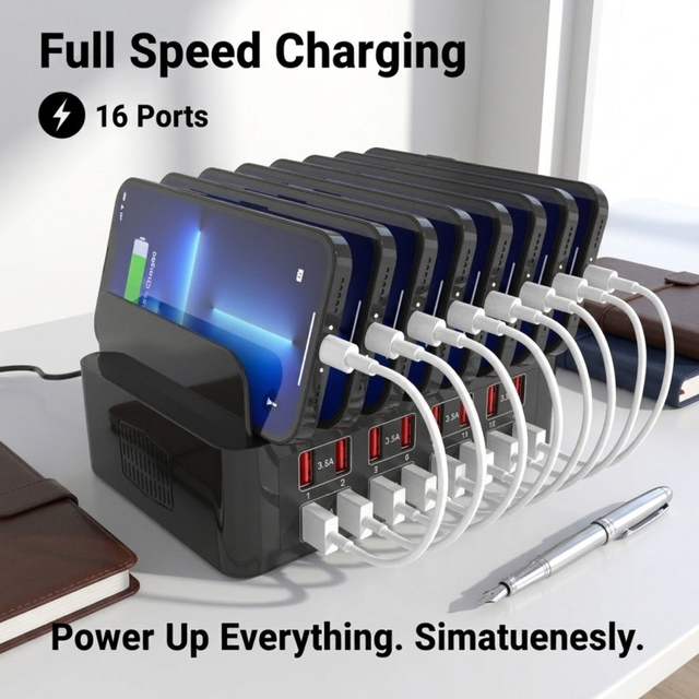 Desktop Charging Station 16-Port USB Hub High-Power 150W Smart Power Organizer Stand for Schools Offices and Retail Stores