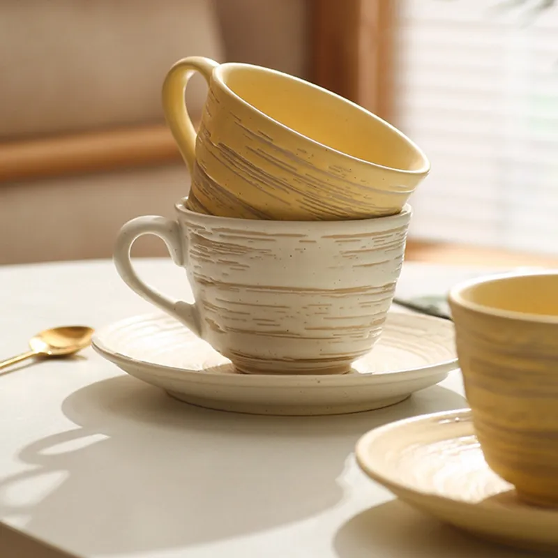 Tazza da caffè in ceramica Vintage e piattino Set in rilievo ceramica grossolana latte Espresso pomeriggio tazze da tè ufficio ristorante bicchieri