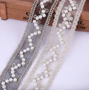 Ruban de perles artificielles en mousseline de soie et garnitures en dentelle d'organza pour la couture de décoration de fleurs de mariage