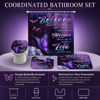 Ensemble de rideaux de douche papillon violet 4 pièces, décoration florale pour salle de bain avec tapis coordonnés, design imprimé avec citation inspirante