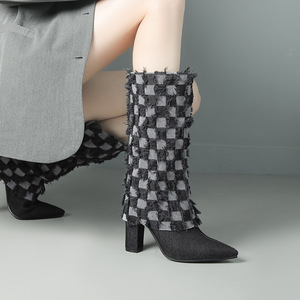 Bottes longues en jean sexy pour femmes, fermeture éclair, élégantes, à talon aiguille, bout pointu, chaussures d'automne-hiver, bottes hautes à talon haut - Product Image 4