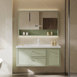 Meuble de salle de bain vert simplifié avec miroir en verre alvéolé, vasque blanche et corps de meuble suspendu - Product Image 3
