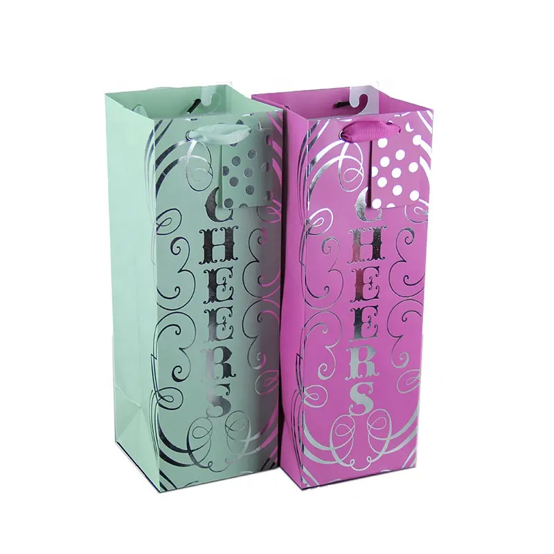 Customize Logo laminated Foil Stamping Printed Wine Bottle Paper Bag With Plastic Hook