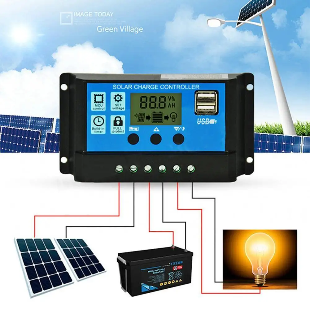 Aifang12v Panel surya 24v, Regulator cerdas isi daya dengan Display LCD PWM pengatur isi daya matahari 10A 20a 30A