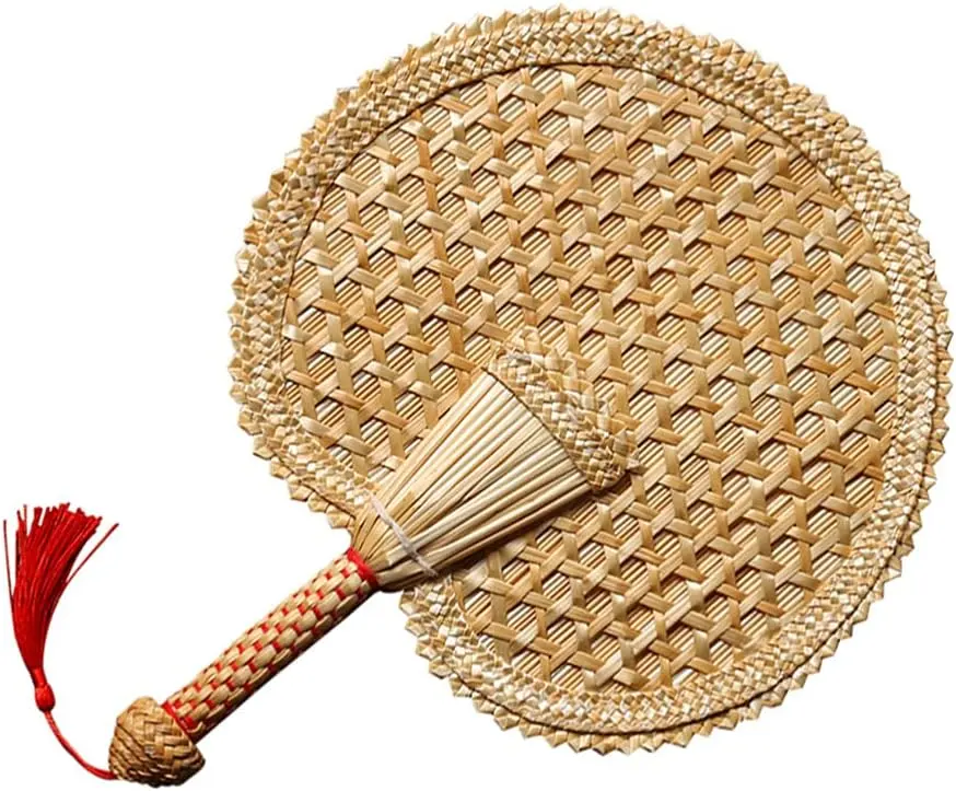 Artesanía China Artesanía Hojas de Palma Tejidas a mano Abanicos de color natural Abanico redondo decorativo para el verano