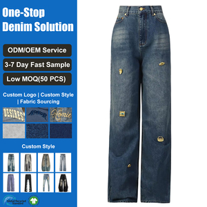 Jeans en denim pour femme à taille haute et jambe large, style vintage foncé avec décoration de quincaillerie métallique, coupe ample streetwear, échantillon rapide - Product Image 1