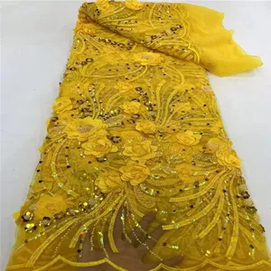 아주 화려한 입체 아플리케 신부 드레스 스커트 패브릭 5 야드 그물 레이스 옐로우 컬러