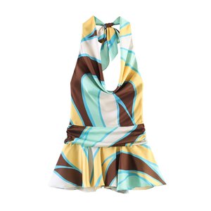 PB&amp;ZA 2026 Summer New Fashion Elegant Women's Mini Dress Printed Casual Retro <strong>Halter</strong> Sleeveless Fold Backless Wrinkle <strong>Satin</strong> - Product Image 1