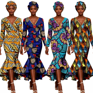 <span class=keywords><strong>Robe</strong></span> <span class=keywords><strong>sirène</strong></span> en coton imprimé <span class=keywords><strong>wax</strong></span> africain de haute qualité avec foulard, robes ethniques à manches longues et col en V pour femmes - Product Image 1