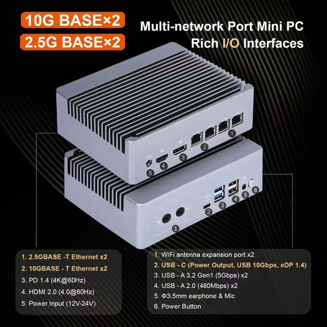 Topton 4 NICs Solid Metal Firewall PC I3-N305 N150 2*10G 2*2.5G RJ45 LANs DDR5 2*NVMe NAS Mini PC Proxmox ESXi Home Server