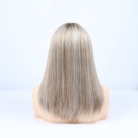 Cabello Virgen Rubio Ceniza Liso para Peluca con Frente de Encaje, Raíces Oscuras, Parte Media, Aspecto de Cuero Cabelludo Natural, 150% de Densidad, Sin Pegamento, Mediano