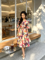 Robe MIDI pour femme en mousseline de soie, coupe trapèze, à manches courtes, col imprimé élégant avec nœud, à lacets, tendance estivale, vente en gros