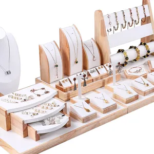 Luxe Hout Leer Sieraden Winkel Display Set Buste Ketting Armbanden Oorbel Hangerrek Houder Witte Sieraden Display Set