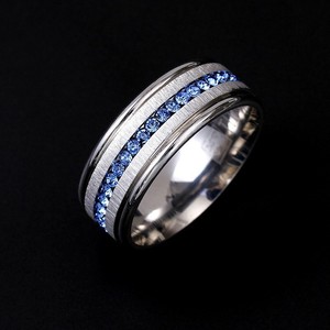 <b>Titanium</b> Steel Wedding Band Engagement <b>Ring</b> W/Blue Simulated Sapphire Cubic Zirconia Princess CZ <b>Ring</b> for <b>Men</b> and Women - Product Image 3