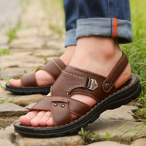 Sandalias de Playa de Cuero Genuino para Hombre, Sandalias de Dos Usos de Cuero Vacuno de Primera Capa, Antideslizantes, para Caminar al Aire Libre, Zapatos Casuales - Product Image 1