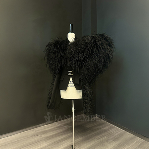 Nt153 Black Feather Bolero Jacket Dramatic Oversized Shoulder Cropped Evening Cape Formal Dress Runway Party <b>Top</b> Jancember - Product Image 1