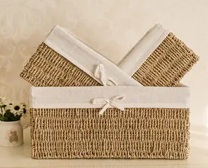 100% Handmade Woven Set of 3 Natural Living Room Organized Planter Wicker Rattan Baskets Seagrass Storage Basket with Liner