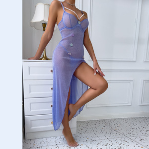 Romantic Sexy Long Dress With Three-Dimensional Embroidery Pearl Mesh High Waist Split Open <b>Women's</b> Dress Lingerie - Product Image 3