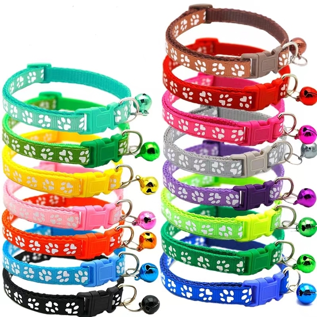 Multi-Colors Reflective Print Neck Nylon Cat Puppy Collar Cartoon Funny Footprint Cute Bell Adjustable Collars