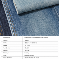 Tissu denim extensible quadridirectionnel à effet vertical, mélange de coton 10,8 oz, 62-63 pouces, en stock, directement de l'usine, pour jeans, vestes et jupes