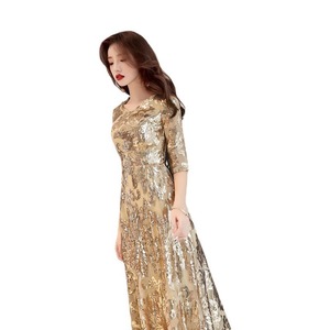 Gold <b>Sequin</b> Evening Gown V-Neck A-Line Long Dress For Women Formal Party Wear - Product Image 5