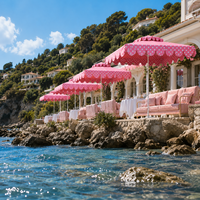 Parasol de patio de luxe LS rose à pois festonnés avec pompons, parasol commercial d'extérieur pour restaurant en bord de mer, hôtel, complexe hôtelier