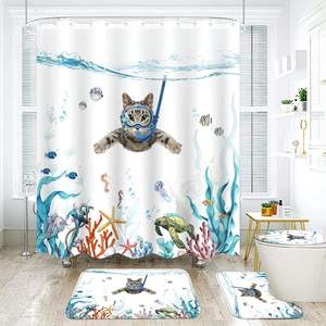 4 pcs מקלחת וילון וילון מקלחת עם שטיח טאל ים כחול ים אביזרי אמבטיה עם 12 ווים תפאורה הביתה במלאי - Product Image 3