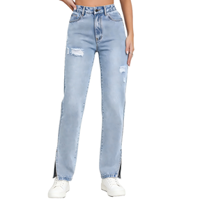 Jean décontracté pour femme en denim, coupe droite, personnalisable, délavé aux enzymes, extensible, en coton respirant de haute qualité - Product Image 2