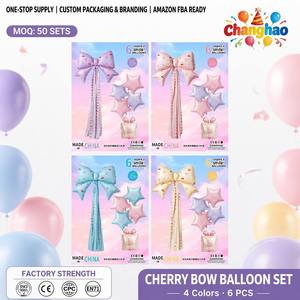 Set de 6 Globos de Mylar con Borlas, Lazos y Estrellas, Estilo Femenino y Adorable, Decoración para Fiestas de Cumpleaños, Ambiente Dulce - Product Image 1