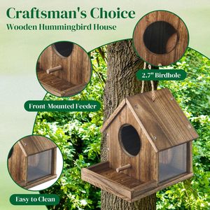 Casa para Pájaros de Madera Sólida con Comedero, Capacidad de 1.8L, Acabado Natural, Nido Colgante para Pájaros al Aire Libre - Product Image 2