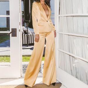 Custom <b>Gold</b> Satin <b>Ladies</b> <b>Trousers</b> Oversized Ultra Wide Casual Pencil Pants Elastic Waist Breathable Washed for Summer Season - Product Image 6