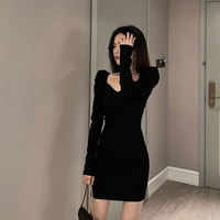 Robe noire à manches bouffantes et col carré pour femme, style Hepburn, courte et moulante, idéale pour le début de l'automne