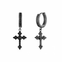 Boucles d'oreilles unisexes en acier inoxydable avec croix en zircon noir vintage, style hip-hop streetwear, vente en gros