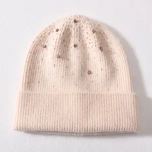 Factory Wholesale Custom Promotion Plain Rhinestone Winter Keep Warm Women Wool Knitted Beanie Hat Winter