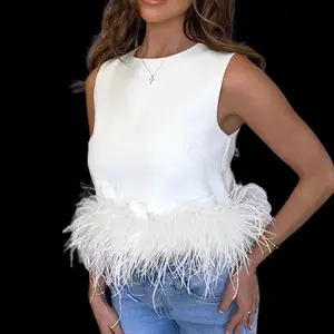2023 Sexy Fashion senza maniche cuciture piuma allentata girocollo gilet camicetta per le donne Top