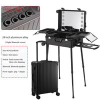 Trolley de maquillage de grande taille de 24 pouces avec miroir à LED, valise de maquillage roulante, étanche, boîte de rangement de salon de beauté, boîte de toilette de voyage avec haut-parleur Bluetooth