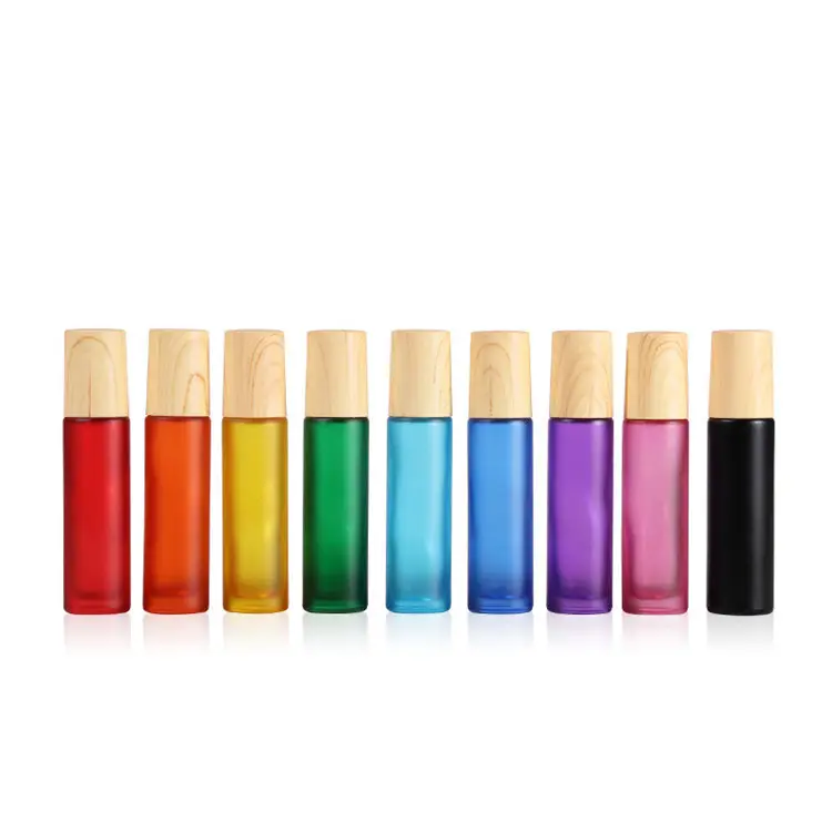 Free Sample Roll on Bottle 10ml Frosted Purple Red Orange Yellow Pink Blue Green Black Glass Roller Bottle with Bamboo Lid