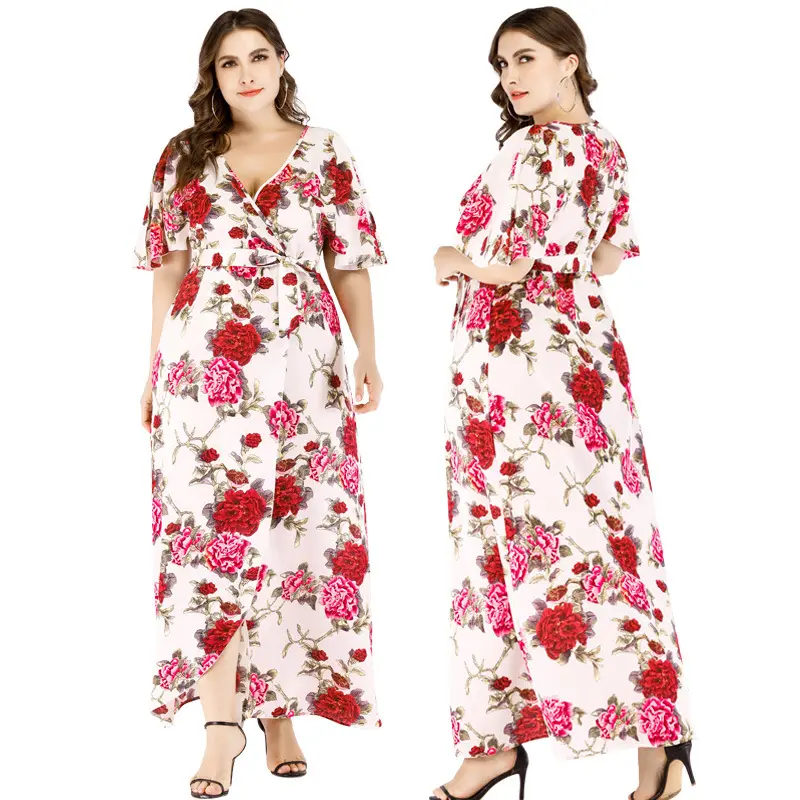 Custom Print Flower V Neck Party Long Dresses Pleated Plus Size Women floral Printed Evening Casual Ruffle Dress With Belt
