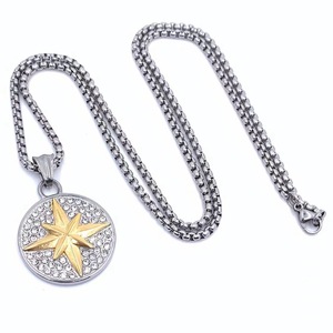 Men's Stainless Steel <b>Compass</b> Pendant With Crystal Rhinestone Star Design Two Tone Gold Round Necklace Everyday Wear - Product Image 2