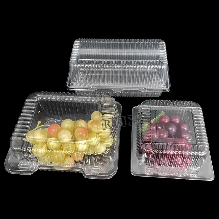 Manufacture reusable clear transparent food container PET disposable plastic clamshell vegetable fruit packaging box for grape