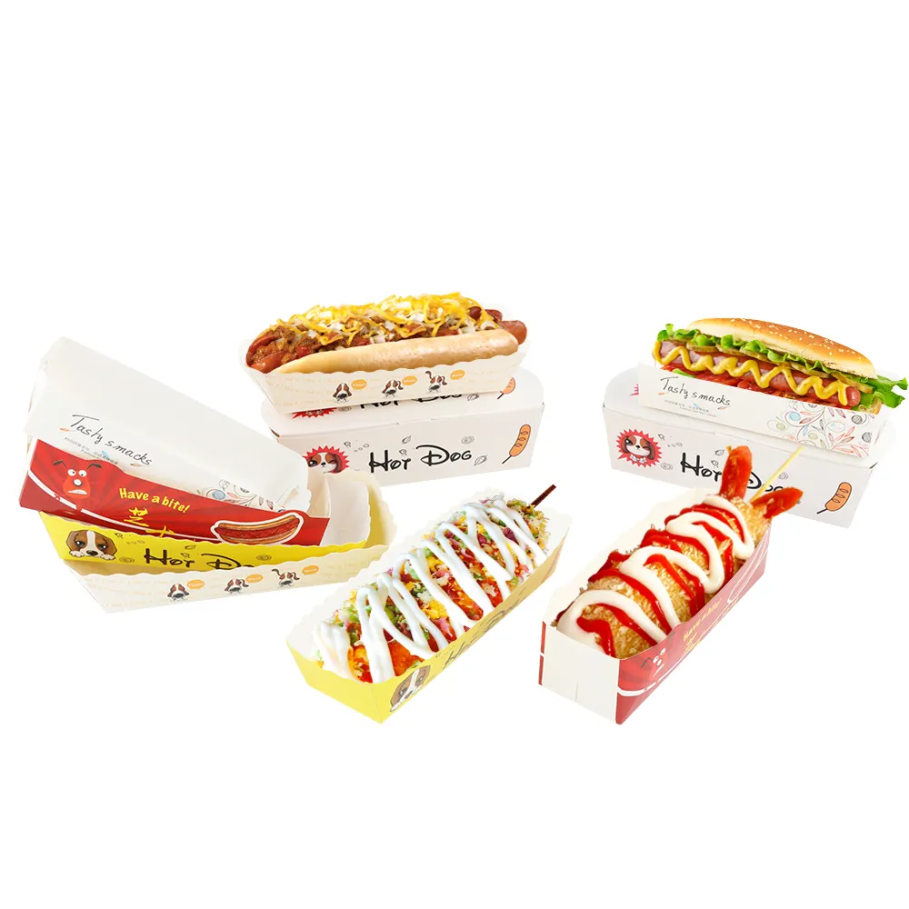 Coreano usa e getta pianura personalizzato hot dog hotdog sandwich carta scatola di cartone vassoio di carta per hamburger lungo