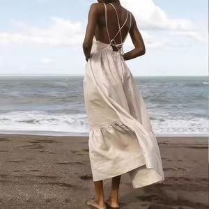 Nuevo Vestido de Lino OOTD al por Mayor para Mujer, Sexy con Tirantes Finos, Vestido Modesto de Lino y Algodón, Vestido de Playa con Escote en V Profundo, Color Liso - Product Image 3