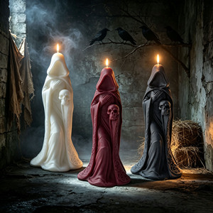 Bougie décorative mystérieuse en forme de statue de crâne sous une cape, esthétique sombre, pour ornement d'intérieur - Product Image 2