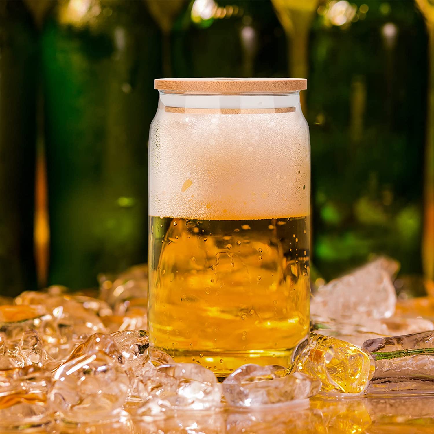 Beer Can Glasses with Bamboo Lid and Glass Straws,Drinking Glasses 6pcs Set,16oz Can Shaped Glasses with Lid and Straw