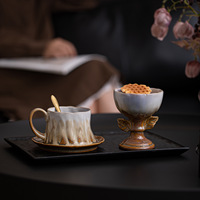 Ensemble tasse à café et soucoupe en céramique de style français, luxe léger, vintage, motif feuille créatif, bol à glace sur pied haut, pour usage domestique