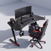 Bureau de jeu incurvé en forme de Z de 140 cm, surface en fibre de carbone avec crochet pour casque et porte-gobelet pour poste de travail de joueur PC, bureau à domicile