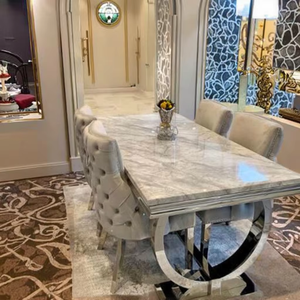 Modern Luxury Kitchen Restaurant <strong>Tables</strong> and 6 Chairs <strong>Sets</strong> <strong>Grey</strong> High End Marble <strong>Dining</strong> <strong>Table</strong> <strong>Set</strong> for Home - Product Image 1