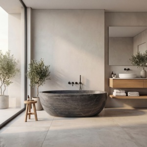 Baignoires ovales modernes sur mesure de luxe, exclusives en bois gris/marbre Serpeggiante, autoportantes, pour salle de bain, villa, hôtel - Product Image 1
